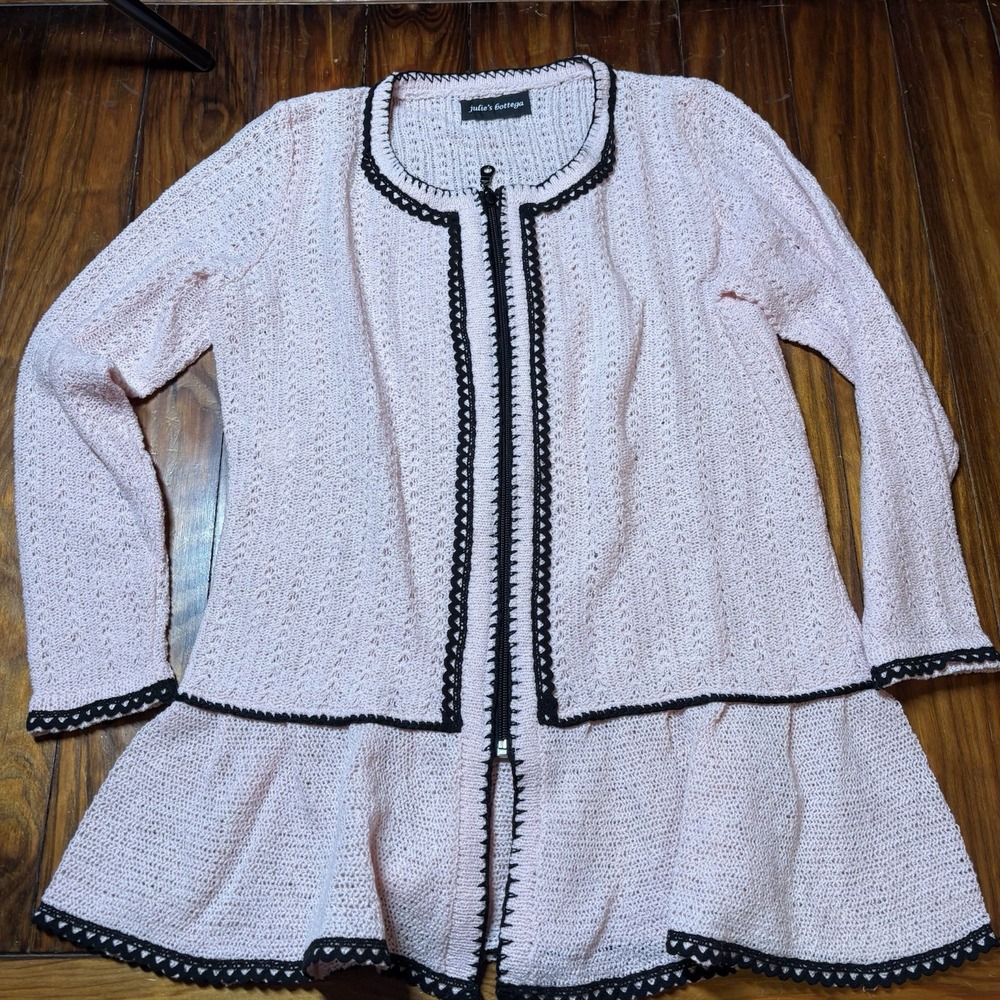 Julie's Bottega Pink Black Trim Zip Front Cardigan Sweater Sz M Coquette A178